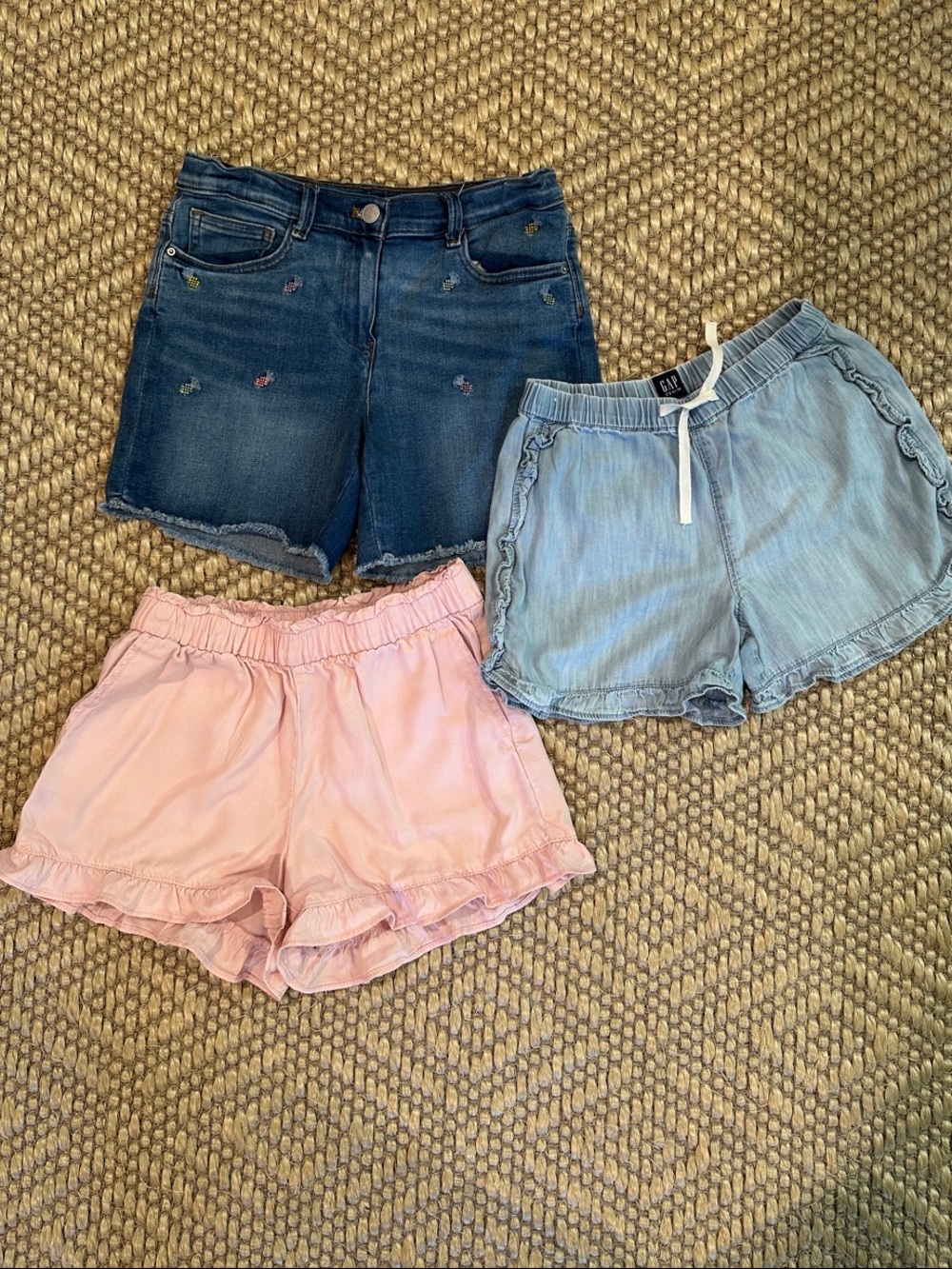 GAP girls’ shorts: Pink Ruffle, chambray ruffle, denim